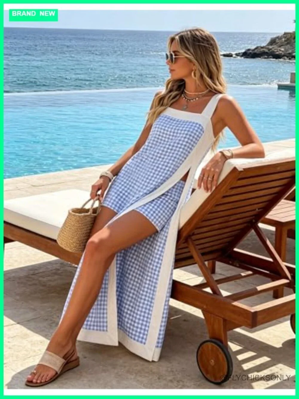 Women's Two Piece Plaid Short Sleeveless Maxi Dress Sets with Pockets